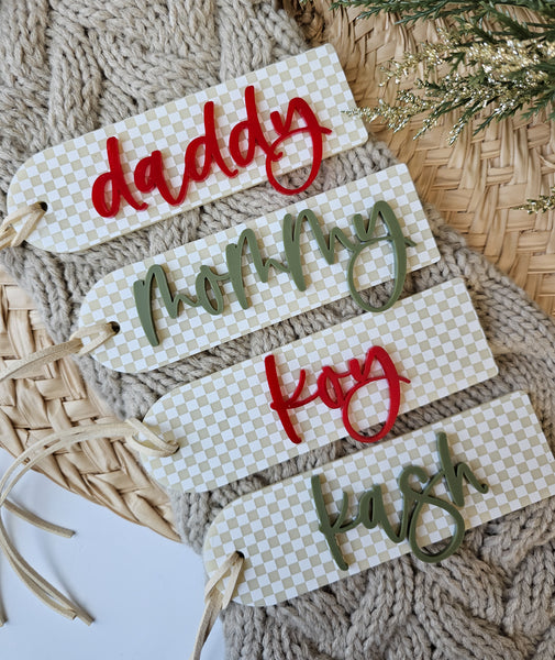 Checkered acrylic stocking tag