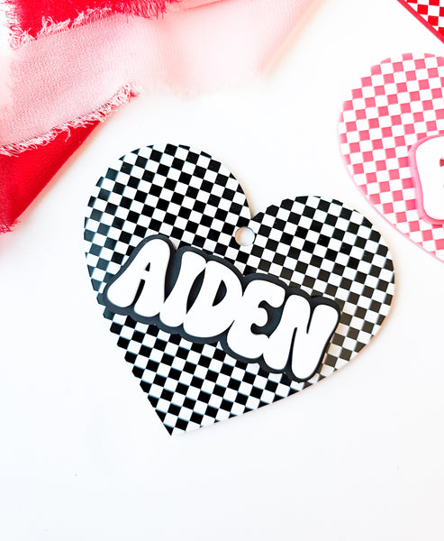 Checkered Acrylic Heart Tags